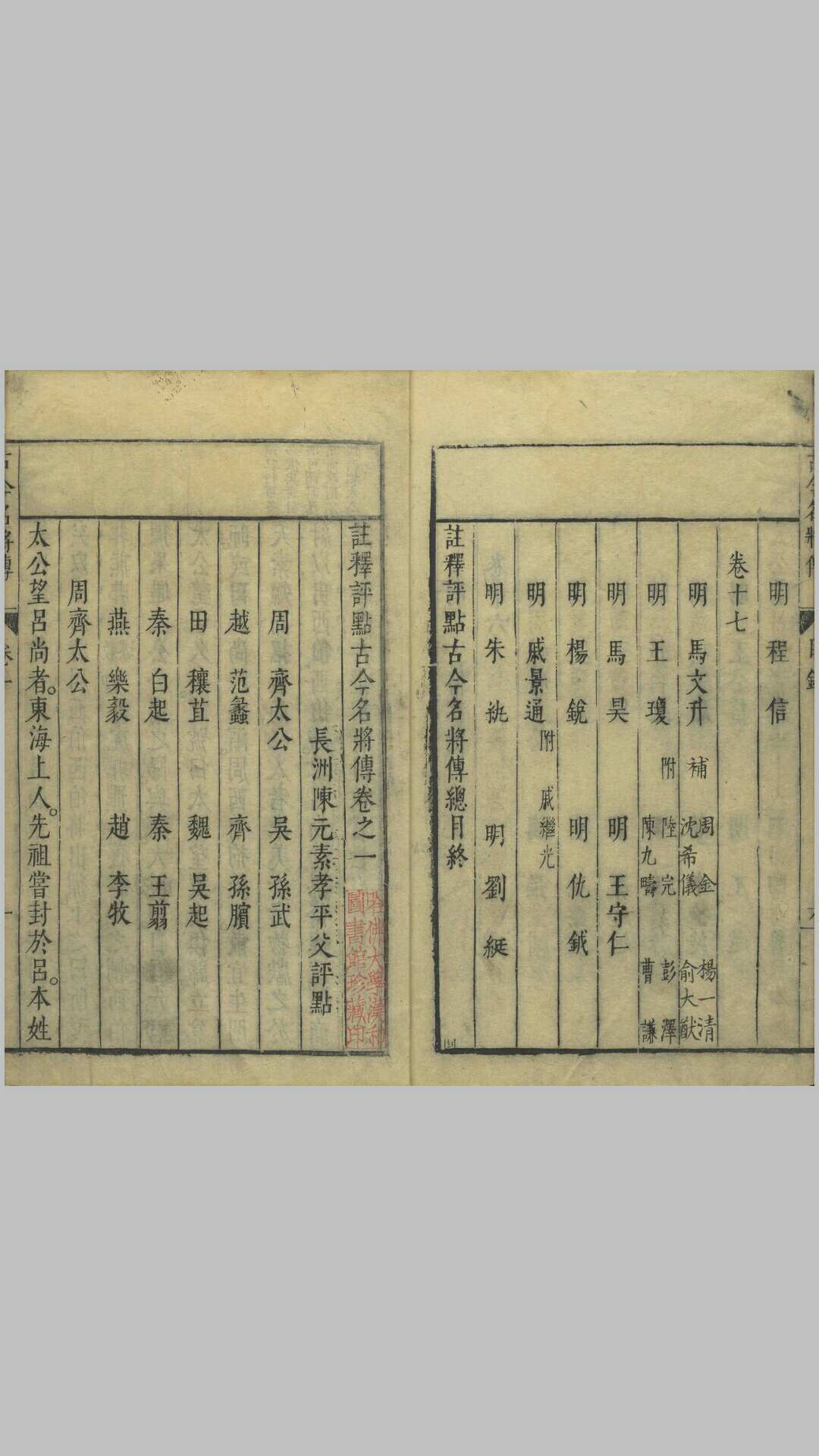 注释评点古今名将传.十七卷.附录一卷.明.陈元素编并评点.明天启三年刊本