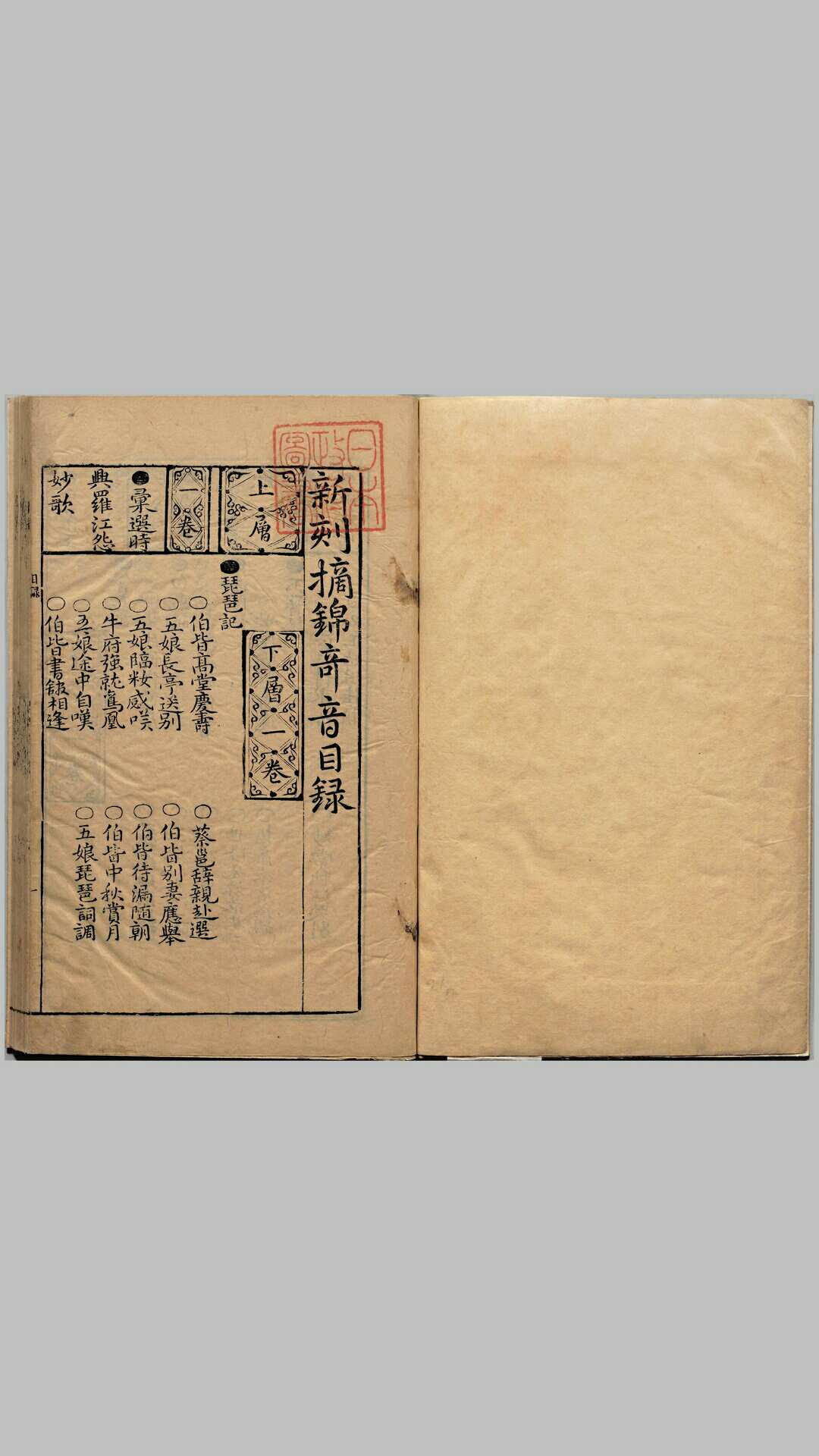 新刊徽板合像滚调乐府官腔摘锦奇音.六卷.明.袭正我.选编.明万历三十九年书林敦睦堂张三怀刻本