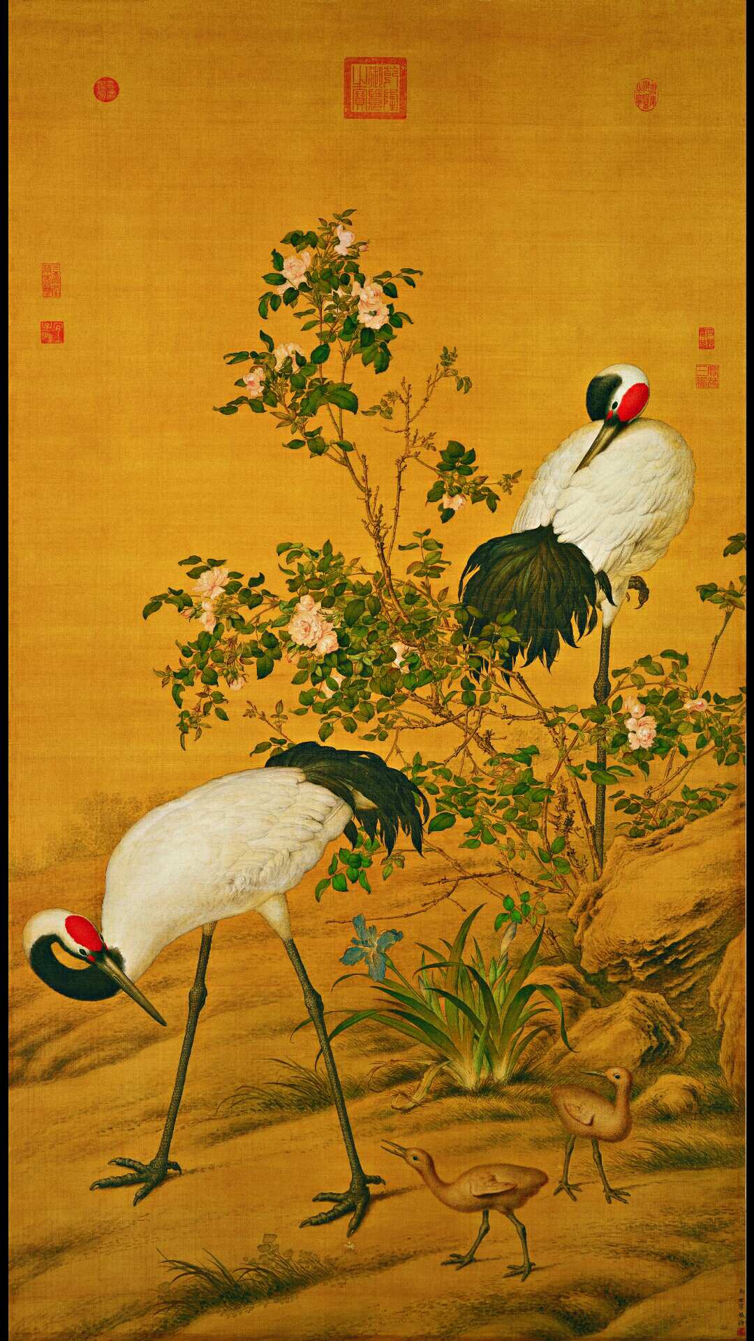喻继高 花卉双鹤 绢本79×47