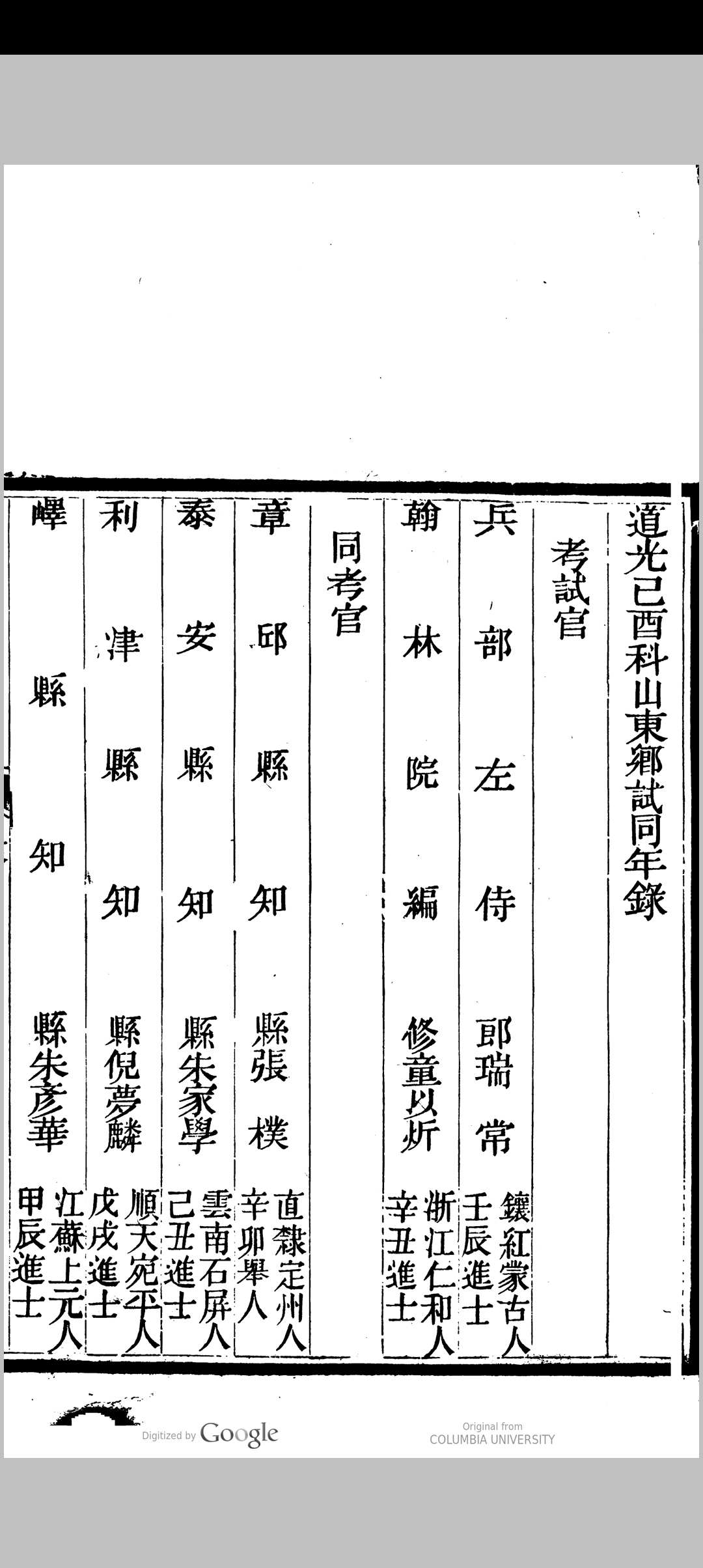 道光己酉科　直省举贡同年录