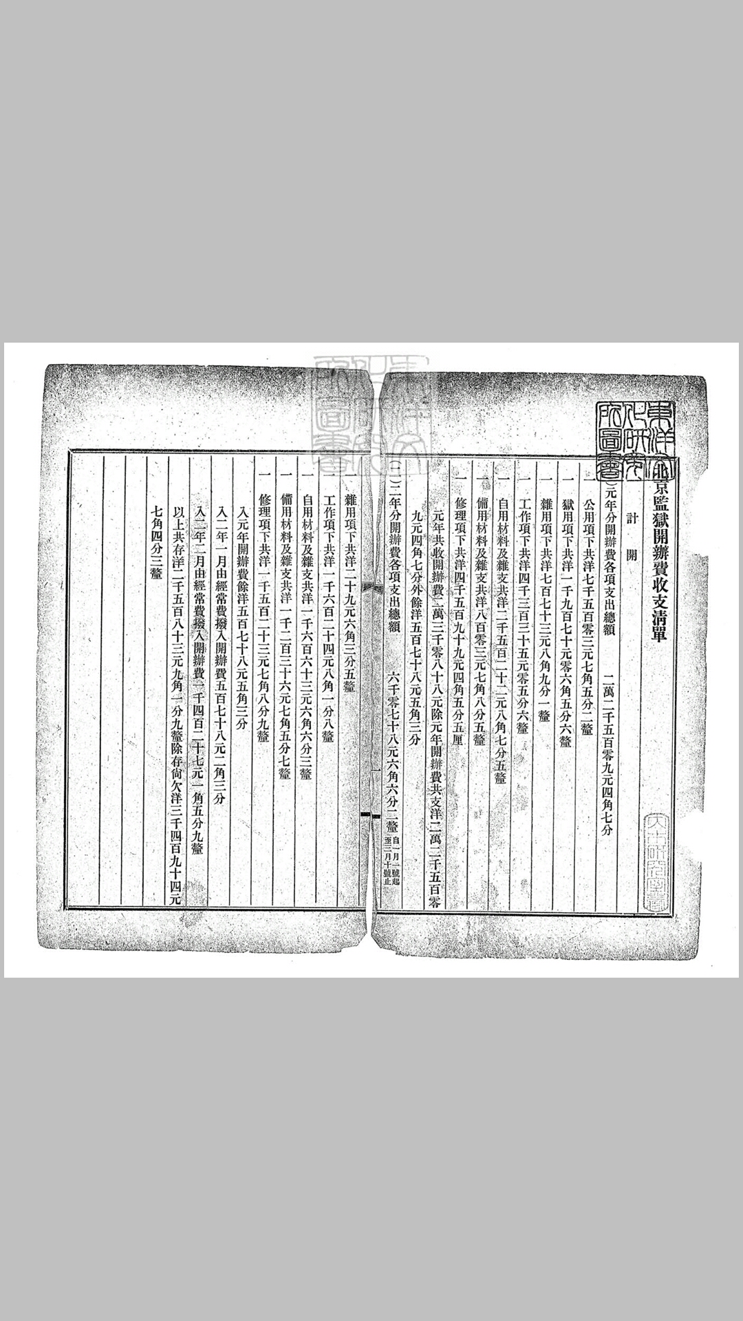 北京监狱开办费收支清册不分卷　排印本