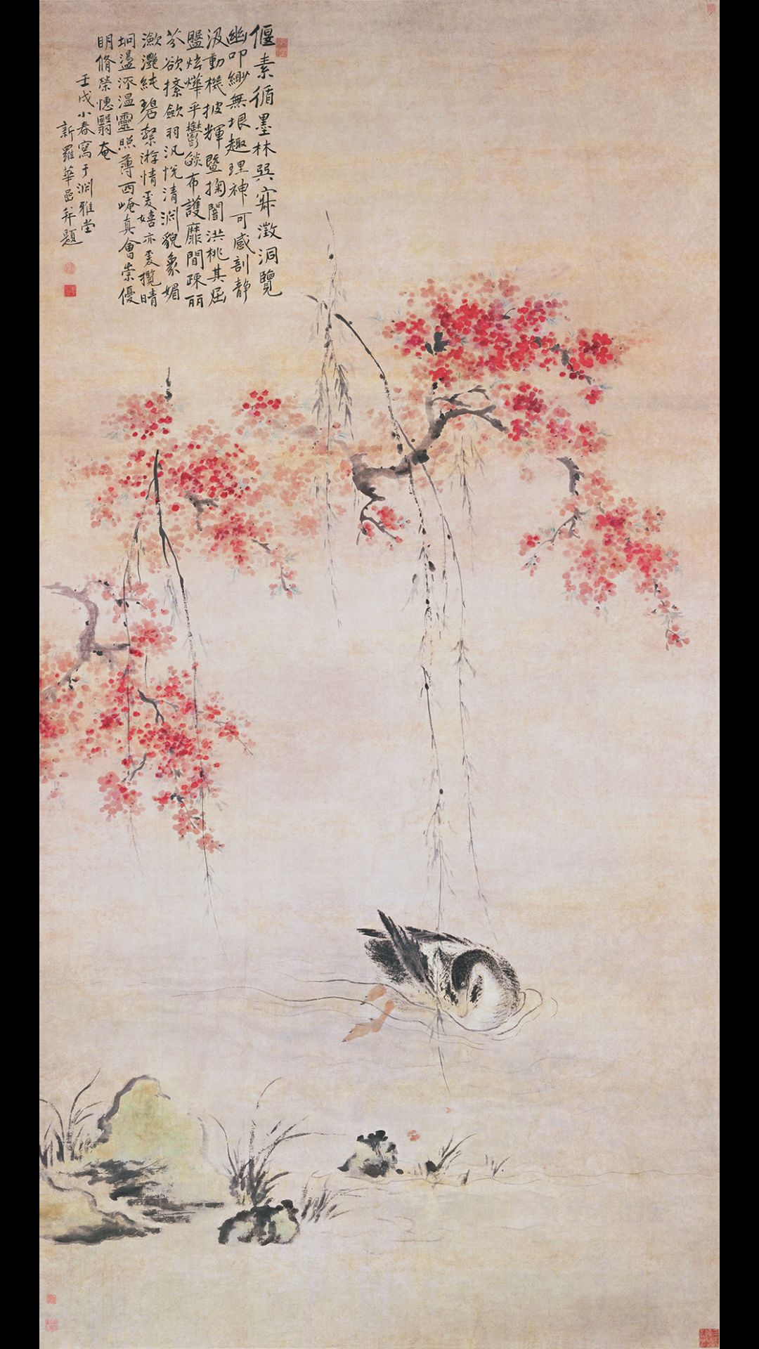 清 华岩 桃潭浴鸭纸本271.5×137