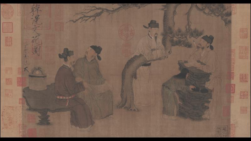 五代 周文矩 琉璃堂人物图绢本31.3×126.2