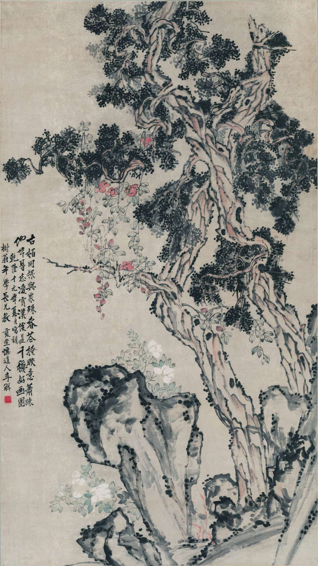 清 李鱓 古柏凌霄图 纸本 101.7×180.9